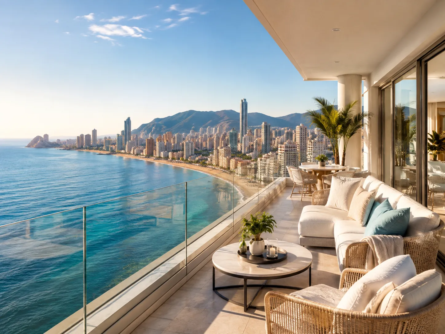 Terraza de un ático en Levante con vistas panorámicas al mar y al skyline de Benidorm